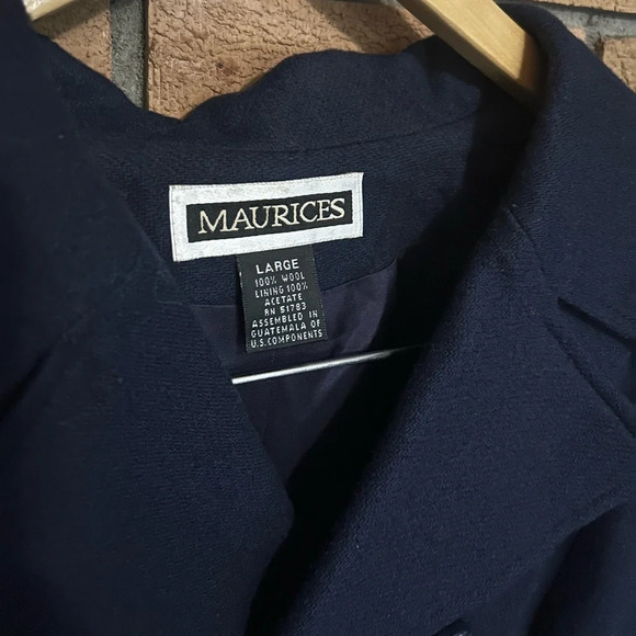 Vintage 90s 100% Wool Maurice’s Navy Blue Pea Coat Button Jacket Size Large - Picture 2 of 3